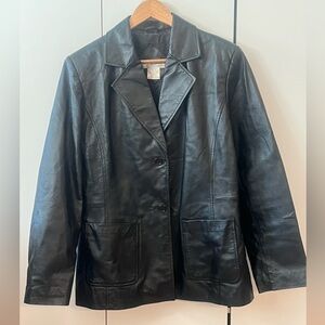 Vintage Women’s Classic Button Up Collared Black Leather Jacket